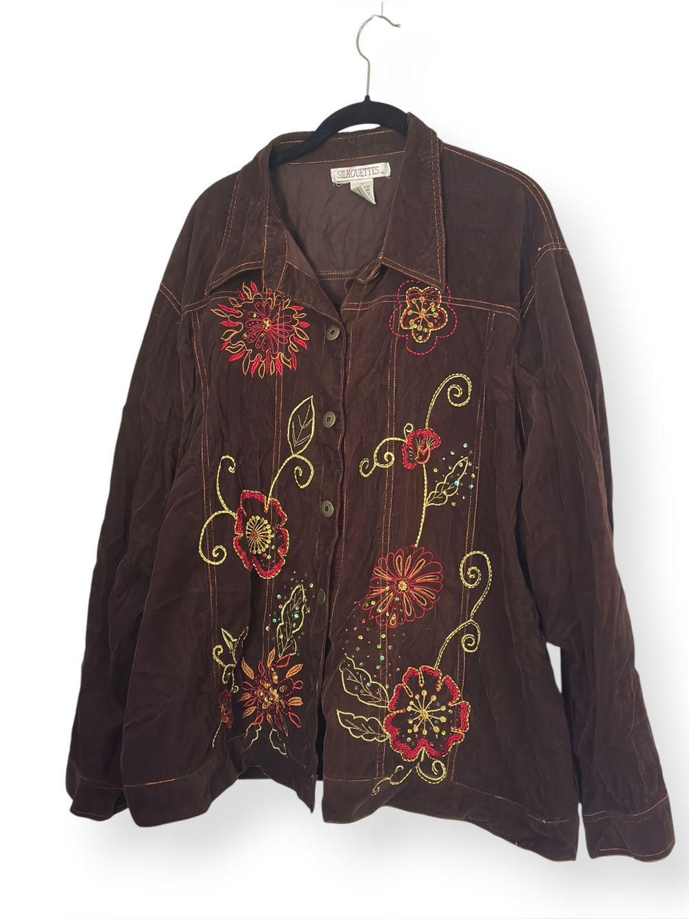 Silhouette Brown Floral Embroidered Button-Front Corduroy Jacket